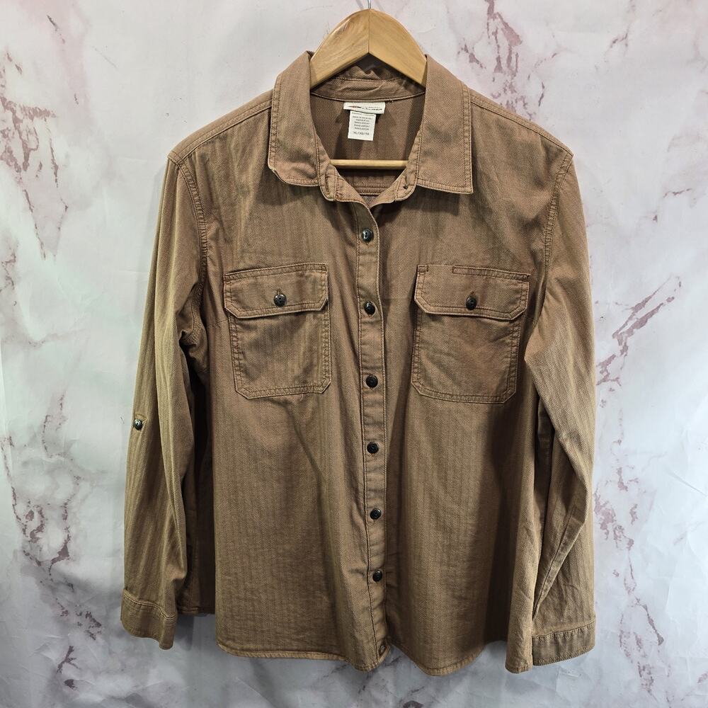 Dickies Shirt Womens XL Brown Tan Long Sleeve Button Up Thick Heavy Workwear